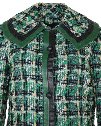 Late 1960s Jean Patou of Paris Green Checked Leather Trimmed Coat - M