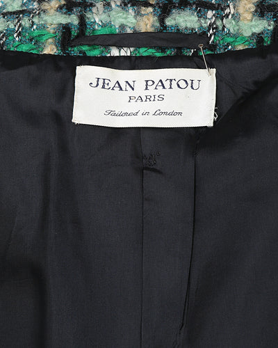 Late 1960s Jean Patou of Paris Green Checked Leather Trimmed Coat - M
