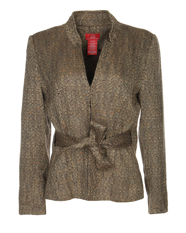 Oscar de la Renta belted brown and beige flecked acrylic blazer - S