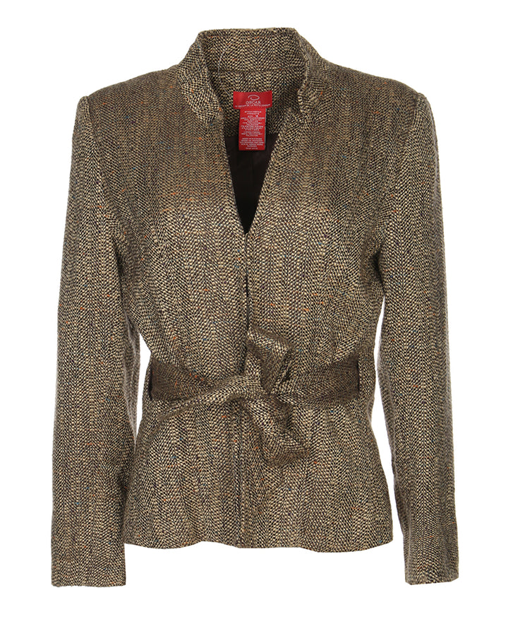 Oscar de la Renta belted brown and beige flecked acrylic blazer - S