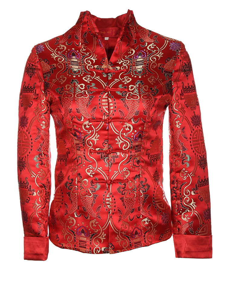 Stand collar red with gold traditional Chinese print jacket - S