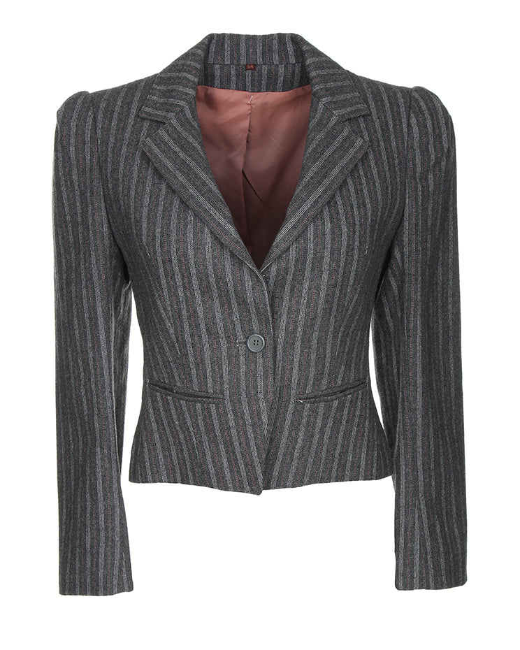 1970's Grey And Burgundy Striped Cropped Blazer Jacket - XS / S