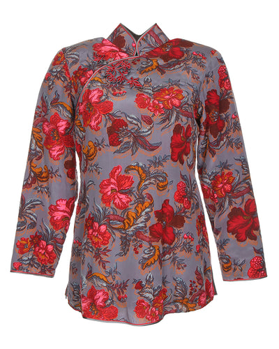 Cheongsam style grey with red floral quilted jacket - S