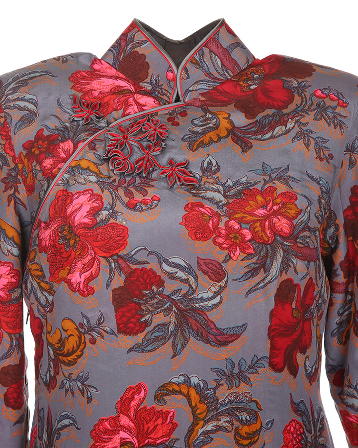 Cheongsam style grey with red floral quilted jacket - S
