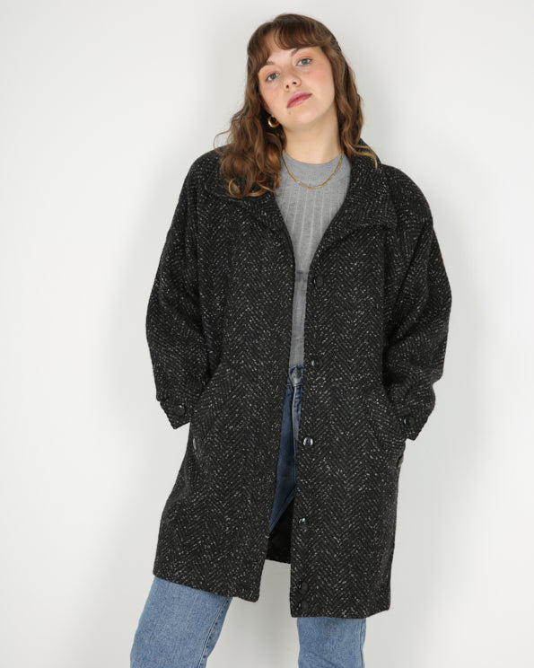 1980s style black grey tweed overcoat - L