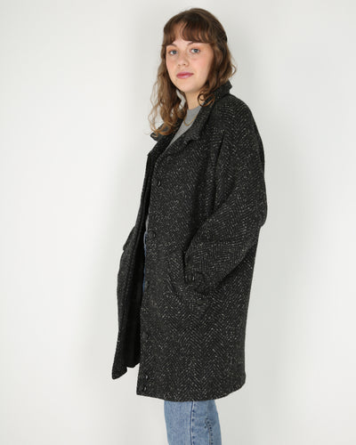 1980s style black grey tweed overcoat - L