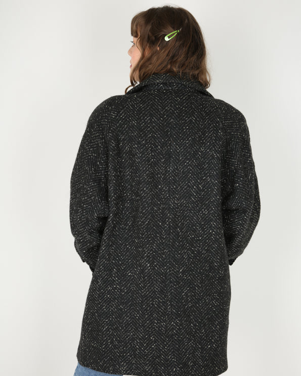 1980s style black grey tweed overcoat - L