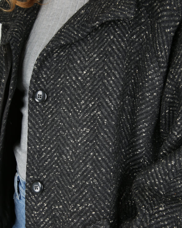 1980s style black grey tweed overcoat - L