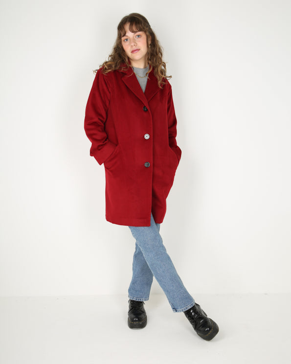 Anne Klein red single-breasted long overcoat - S