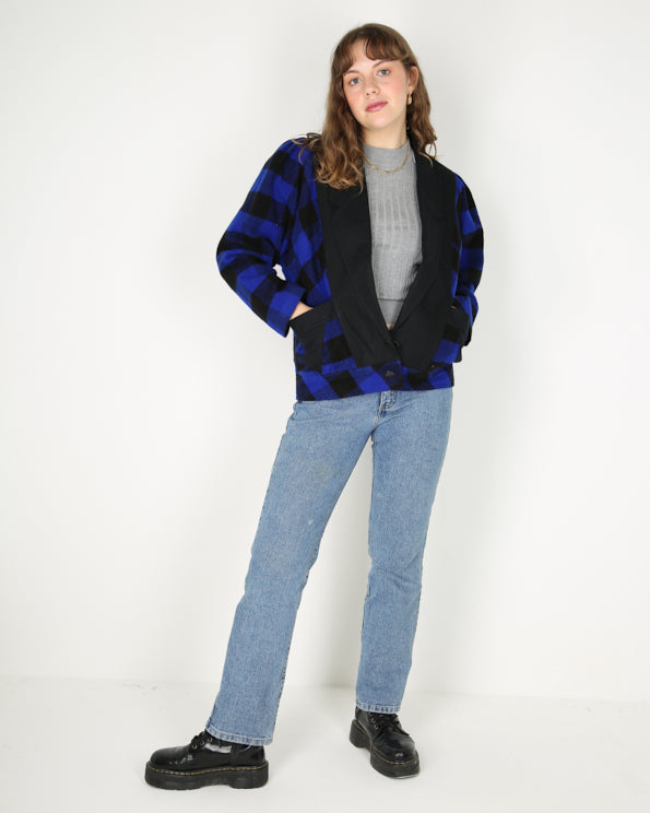 1980s style blue black checked ruffle jacket - L