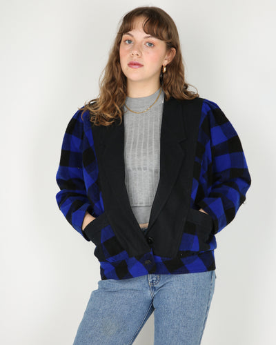 1980s style blue black checked ruffle jacket - L