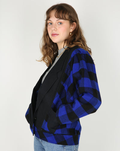 1980s style blue black checked ruffle jacket - L