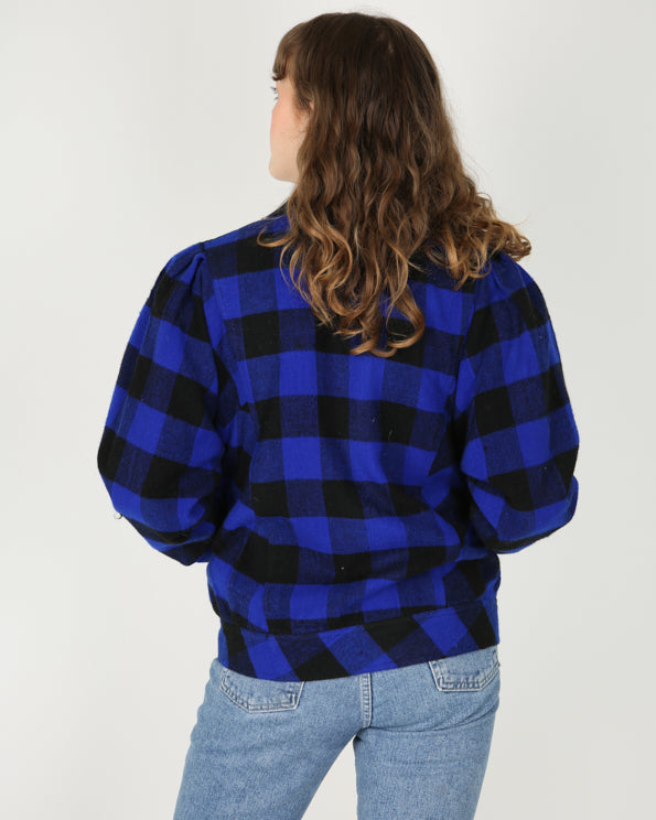 1980s style blue black checked ruffle jacket - L
