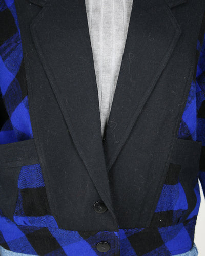1980s style blue black checked ruffle jacket - L