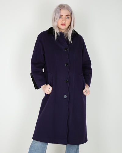 1990's purple and black wool overcoat - M