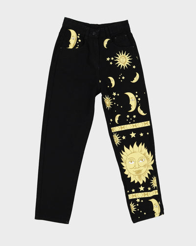 Black Denim With Sun And Moon Print Jeans - W25 L26