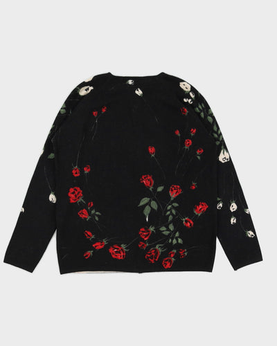 Vintage 1990s Black Button Up Cardigan with Roses - M