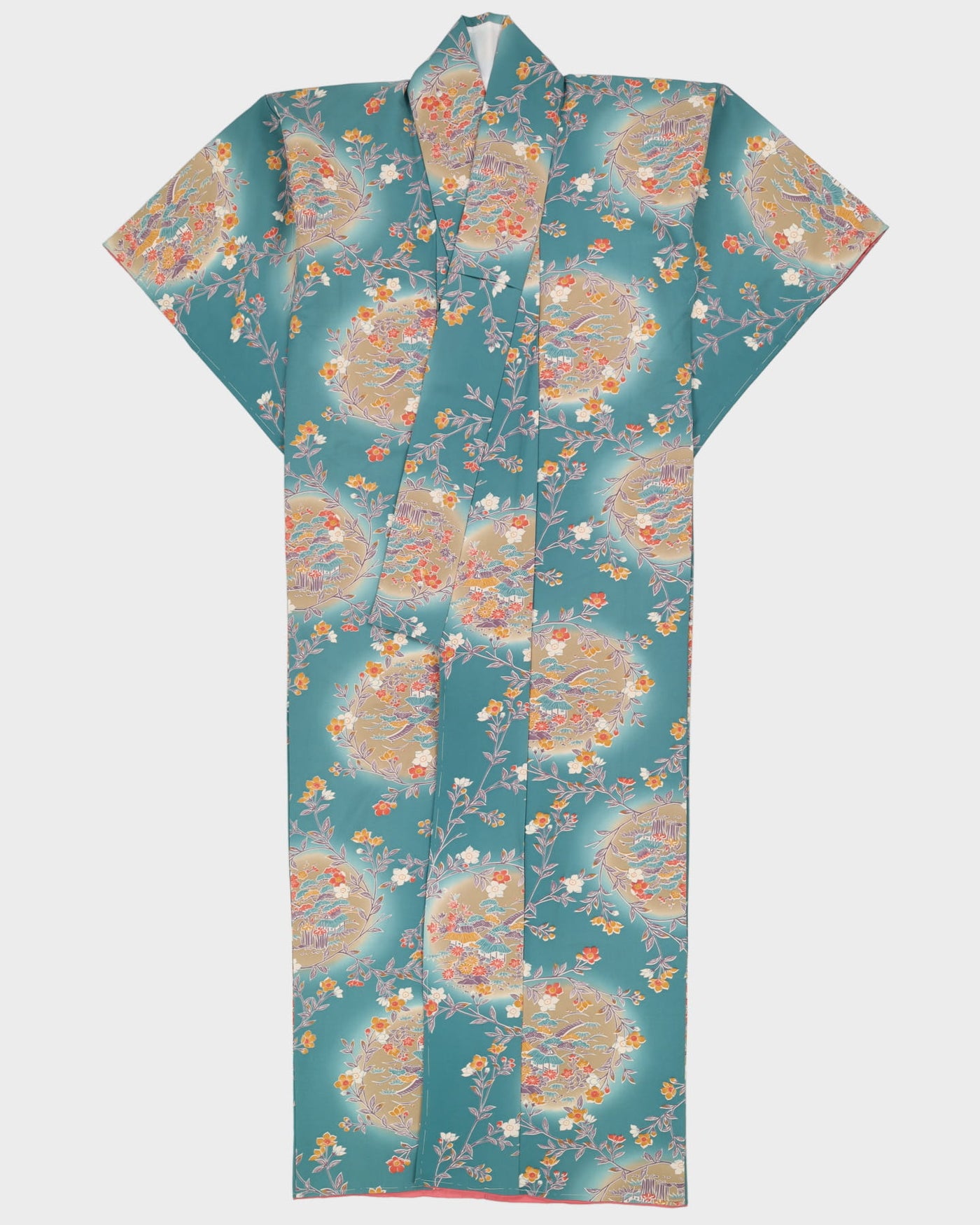 Green Floral Pattern Crepe Kimono - S / M