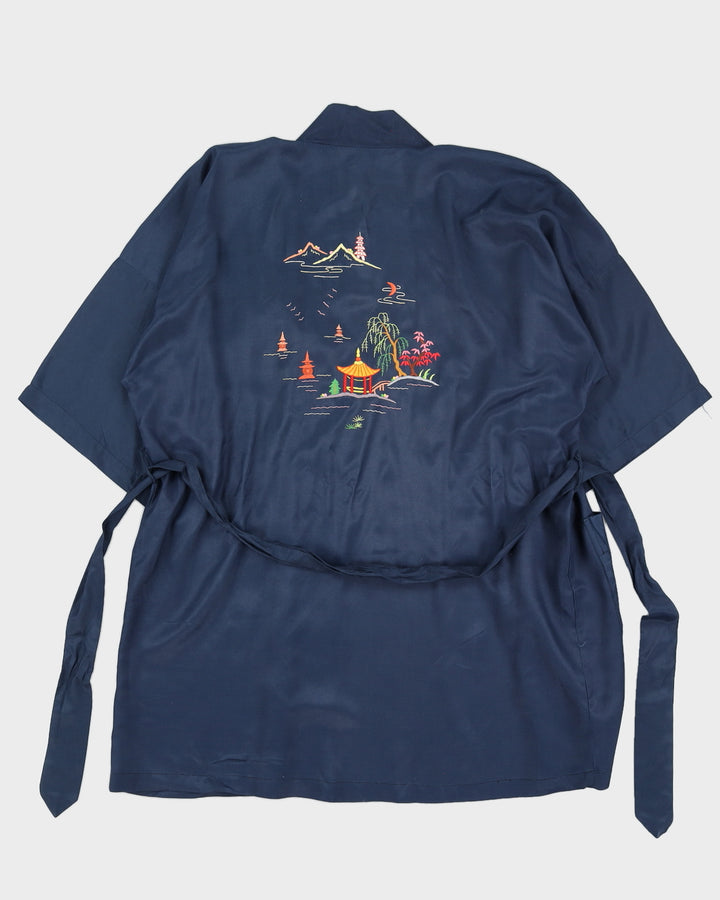 Vintage 60s Silver Lake Navy Kimono Robe - S