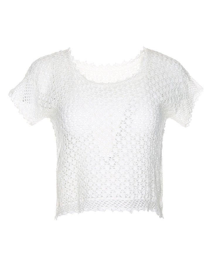 1970's White Crocheted Short Sleeve Jumper - S