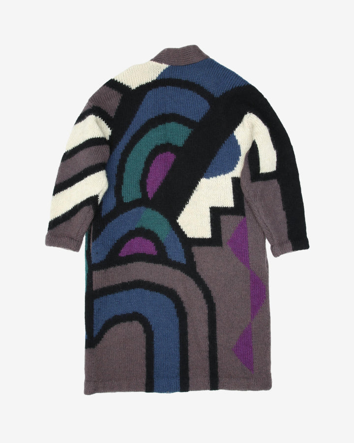 1990s Patterned Kitted Long Coat Cardigan