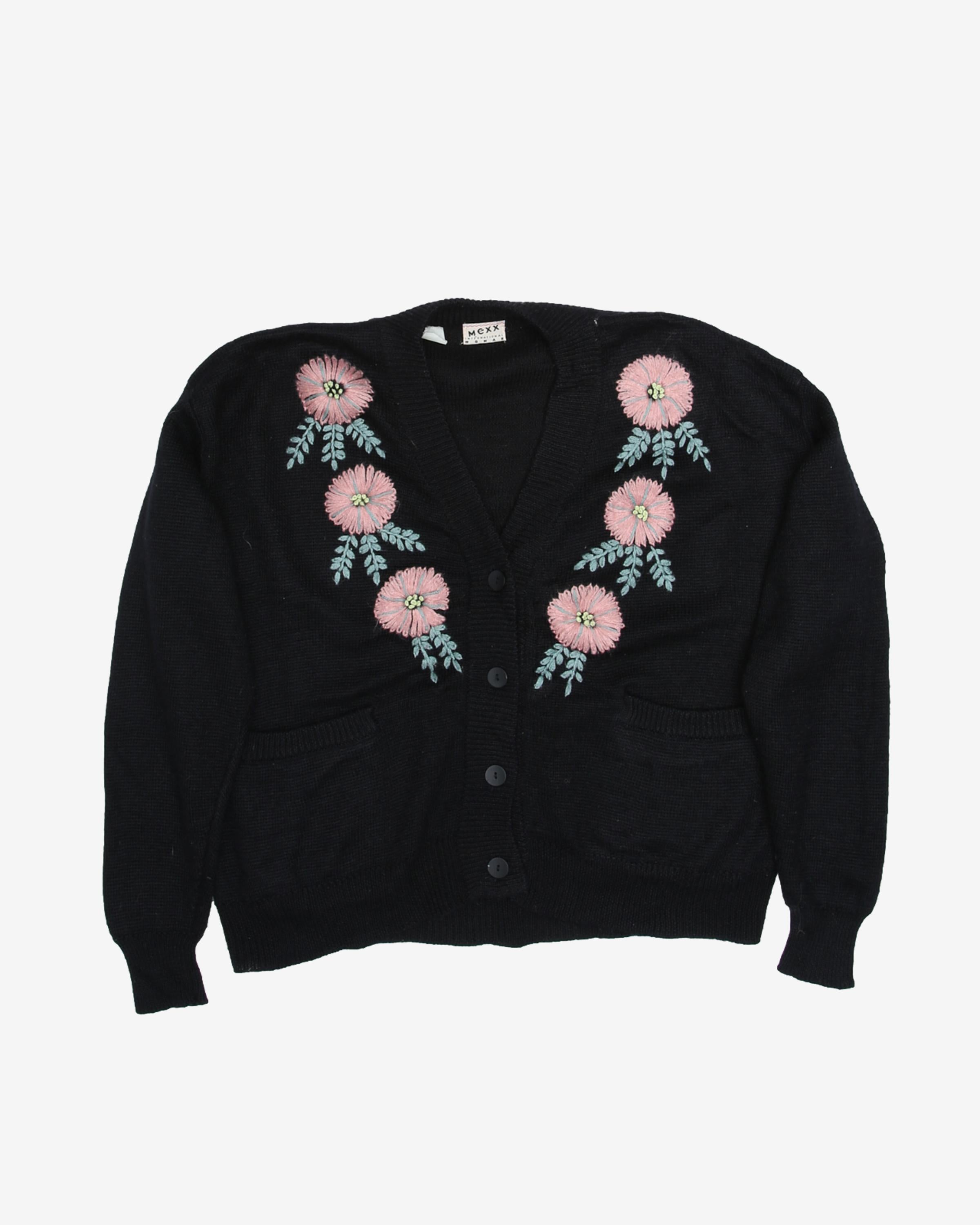 Black Floral Embroidered With Pockets Cardigan
