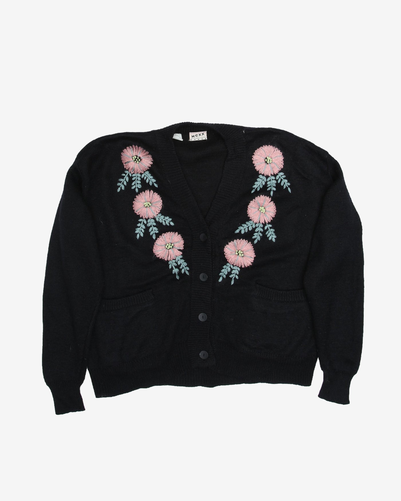 Black Floral Embroidered With Pockets Cardigan
