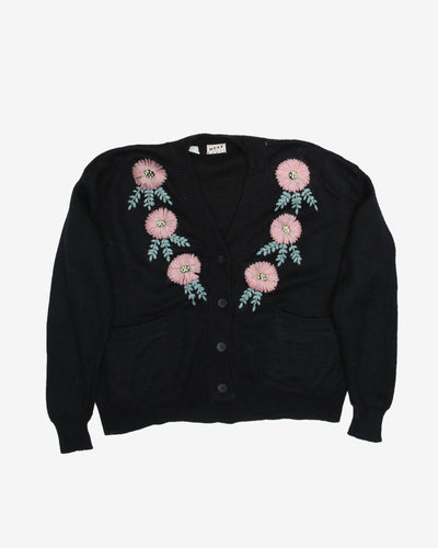 Black Floral Embroidered With Pockets Cardigan