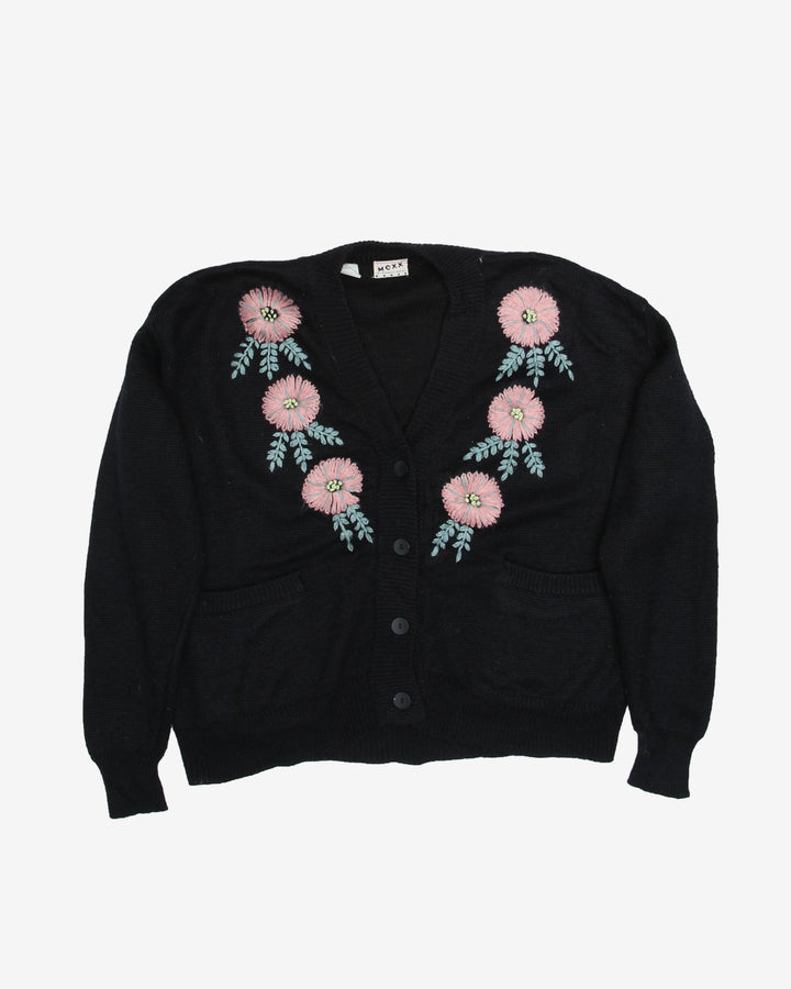 Black Floral Embroidered With Pockets Cardigan