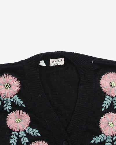 Black Floral Embroidered With Pockets Cardigan