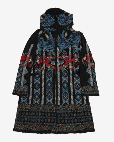 Floral Embroidered Hooded Cardigan - L