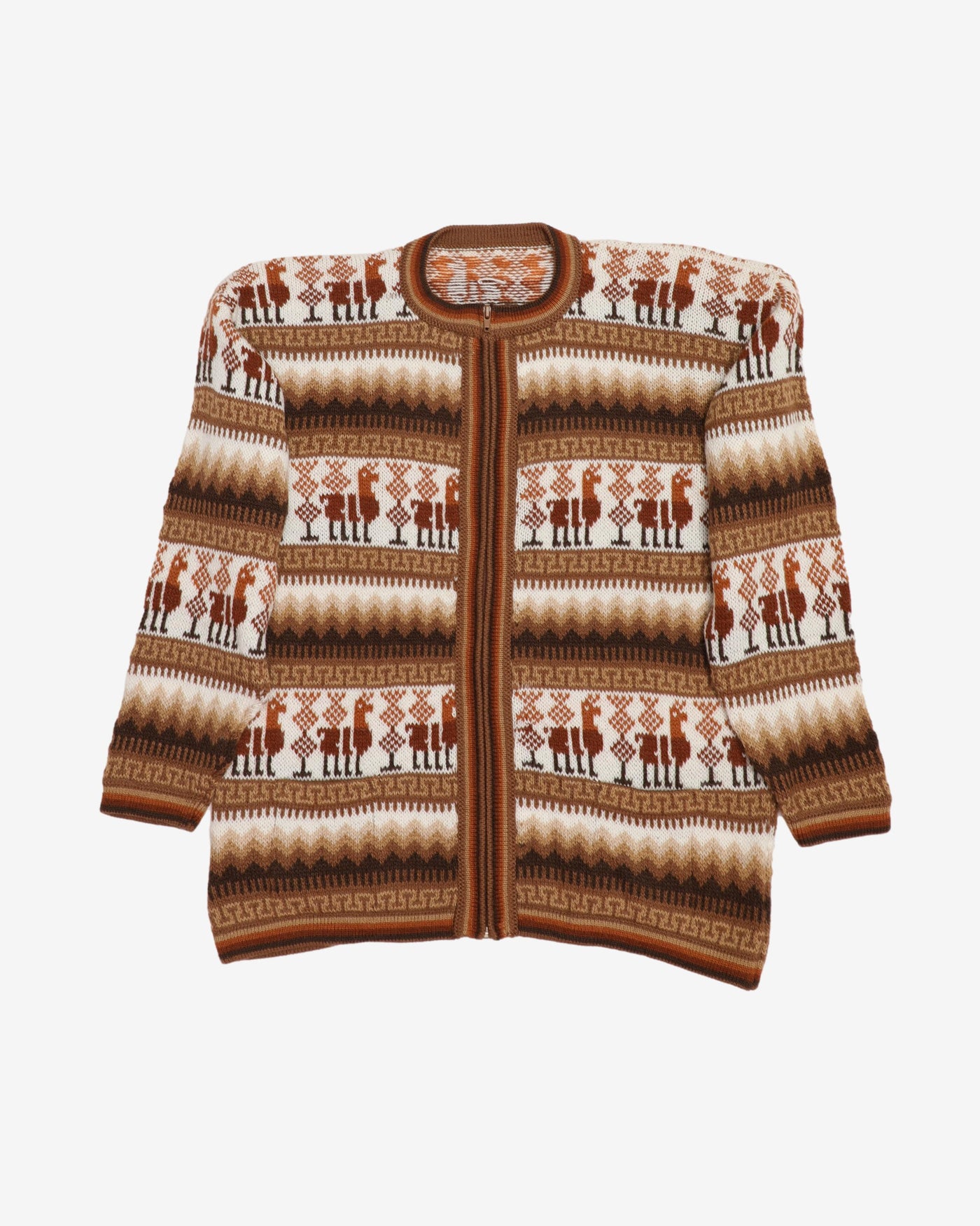 Hand Knitted Brown Patterned Alpaca Cardigan - S