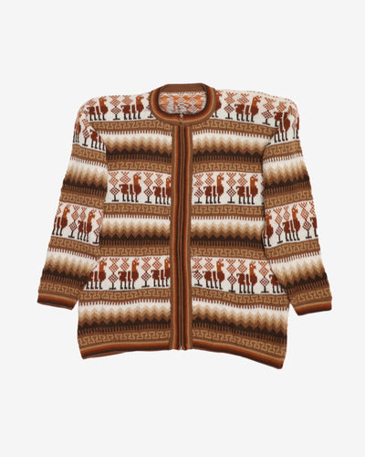 Hand Knitted Brown Patterned Alpaca Cardigan - S