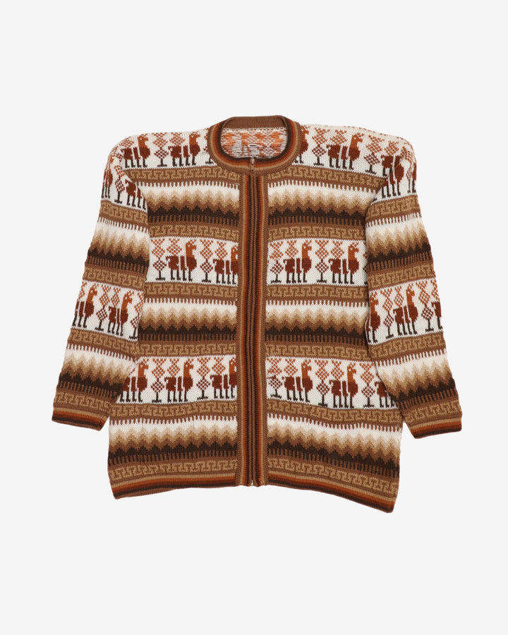 Hand Knitted Brown Patterned Alpaca Cardigan - S