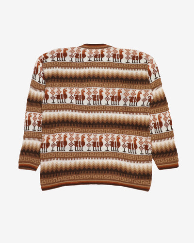 Hand Knitted Brown Patterned Alpaca Cardigan - S