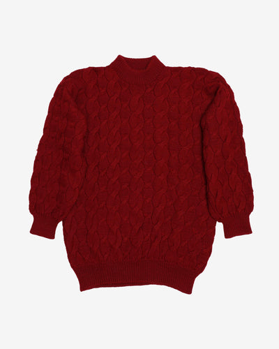 Burgundy Chunky Plaited Hand Knitted Jumper - S