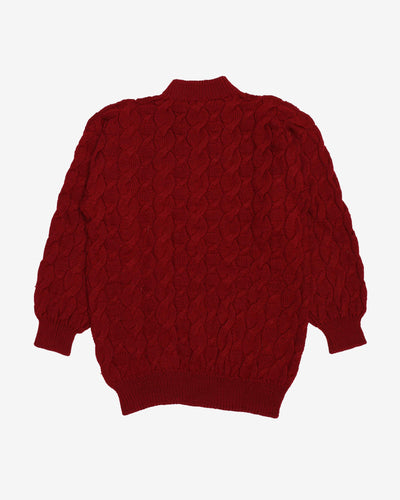 Burgundy Chunky Plaited Hand Knitted Jumper - S