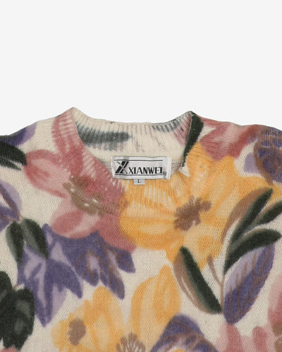 1990s Floral Pastel Knitted Lambswool Jumper - L