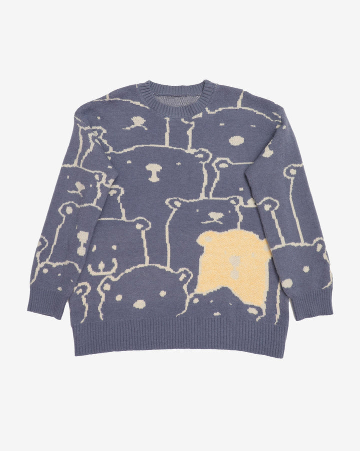 Bear Patterned Blue Knitted Jumper - L
