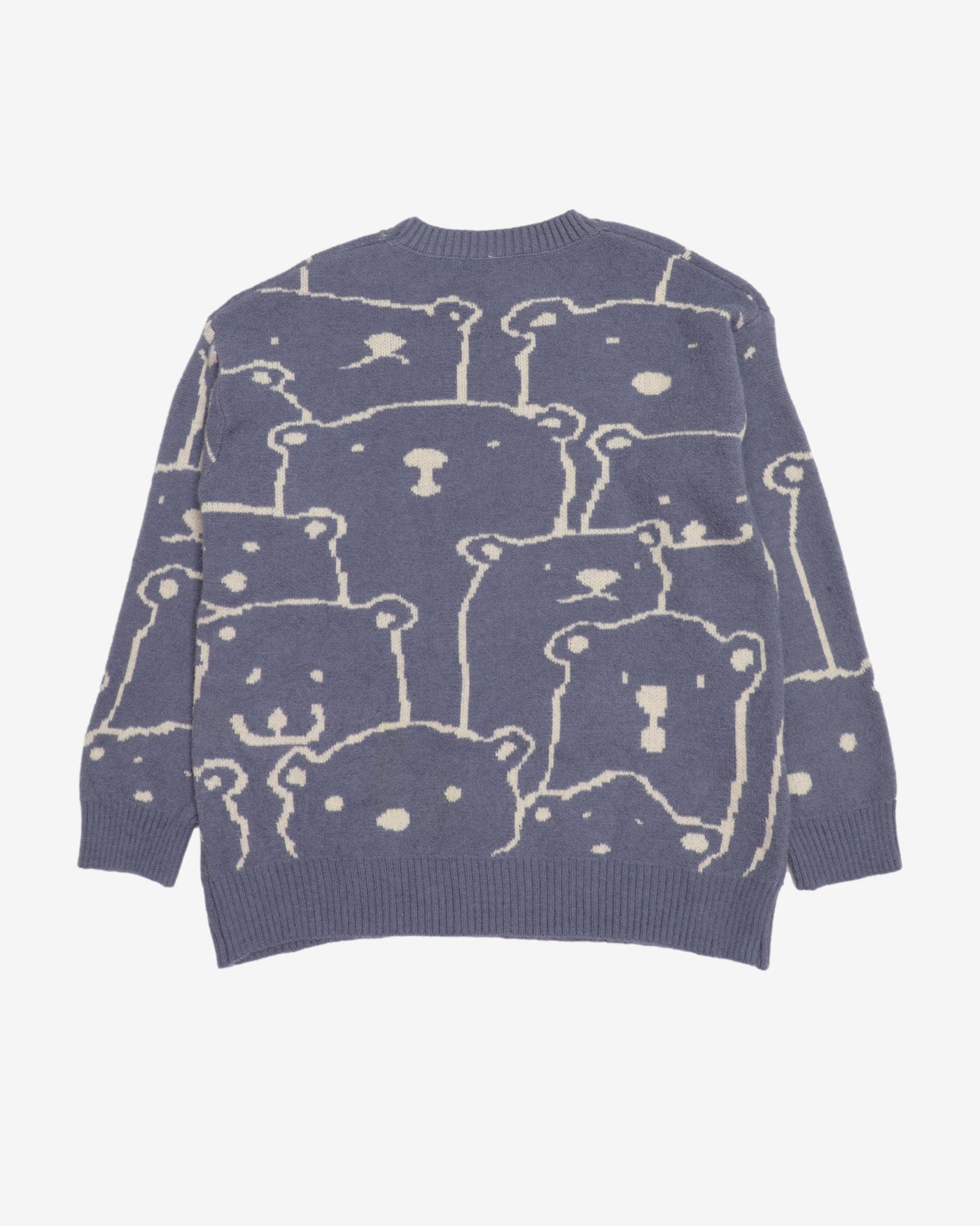 Bear Patterned Blue Knitted Jumper - L