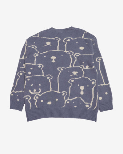 Bear Patterned Blue Knitted Jumper - L