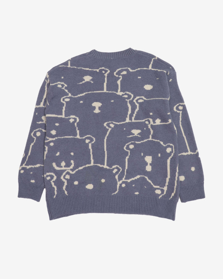 Bear Patterned Blue Knitted Jumper - L