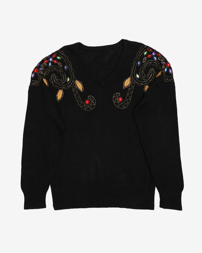 1990s Black Knitted With Beaded Details Party Jumper - S