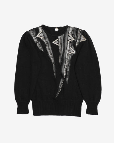 Beaded Black Patterned Knitted Jumper - S