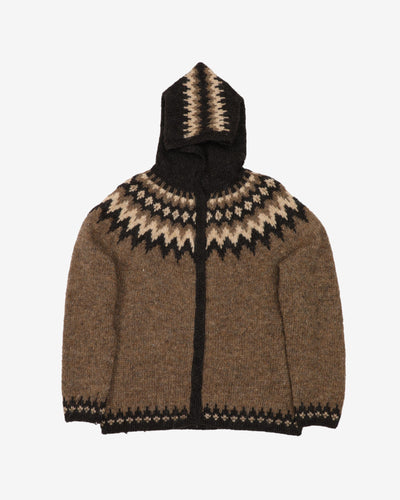 Icelandic Hooded Patterned Wool Cardigan - M