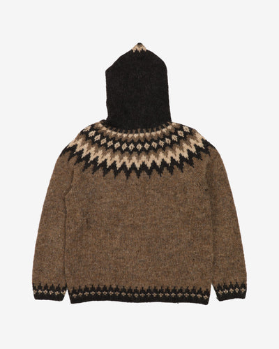 Icelandic Hooded Patterned Wool Cardigan - M