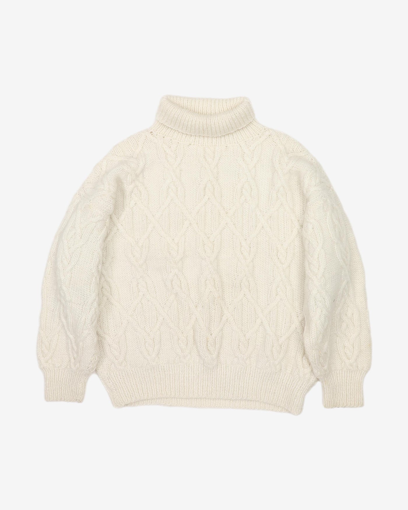 White Plaited Patterned hand Knitted Roll-Neck Jumper - M