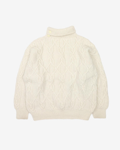 White Plaited Patterned hand Knitted Roll-Neck Jumper - M