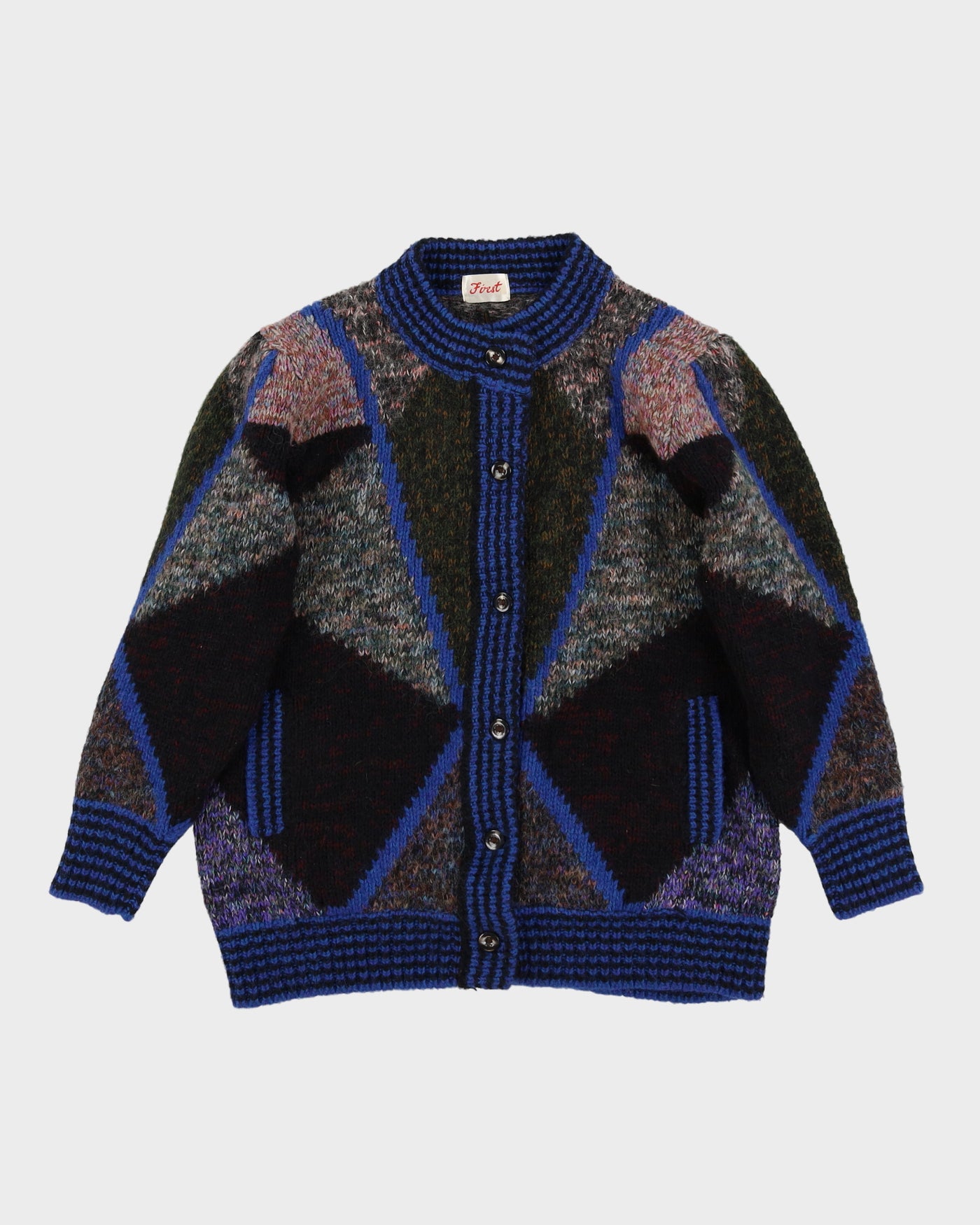 1980s Patterned Chunky Wool Blend Knitted Cardigan - M