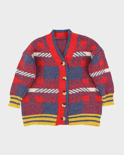Navy Blue Red Chunky Knitted Cardigan - L